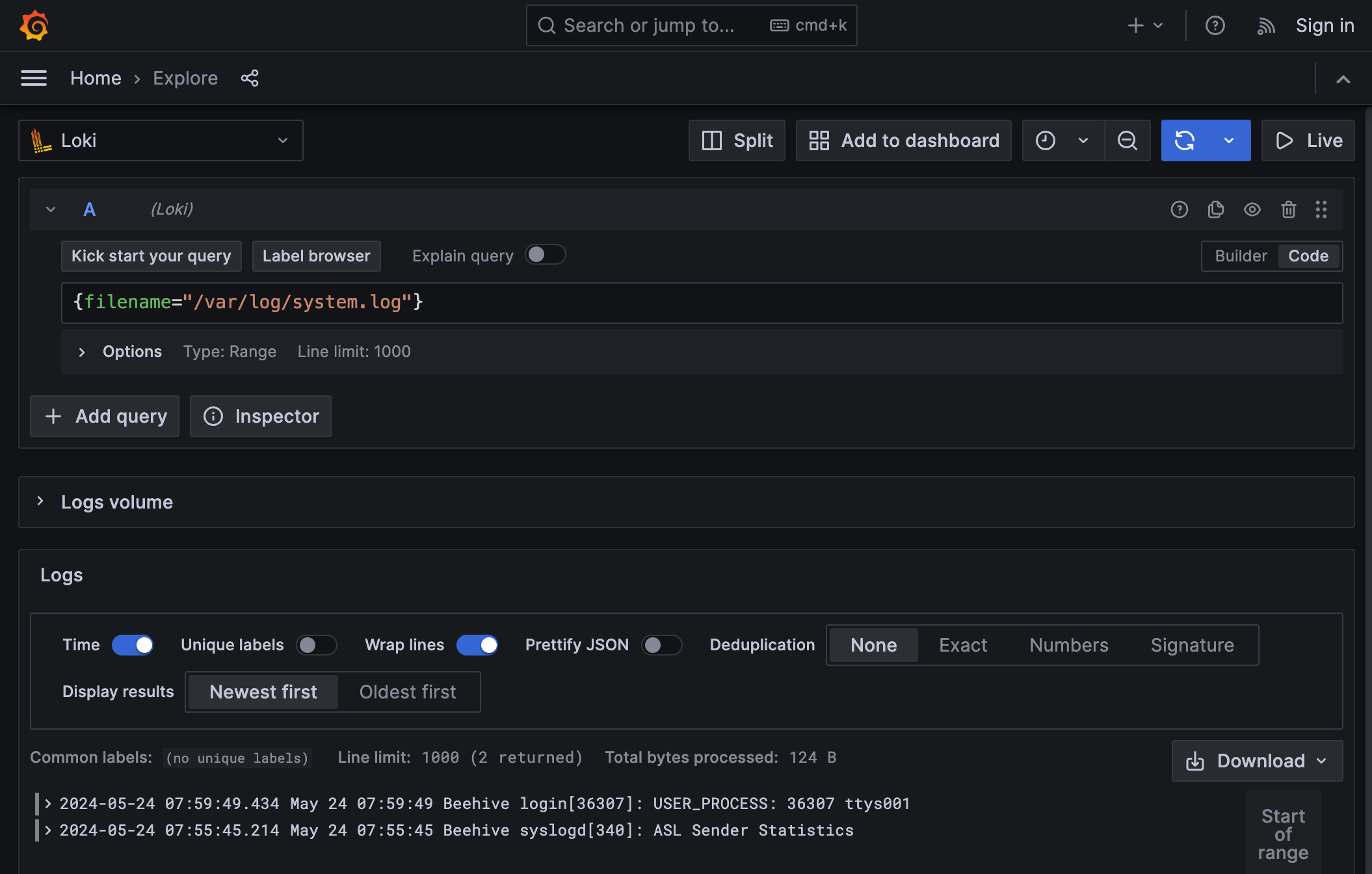 Logs reported by Alloy in Grafana